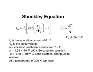 Shockley Equation















 1
exp
T
D
s
D
nV
v
I
i
q
kT
VT 
Is is the saturation current ~10 -14
Vd is the diode voltage
n – emission coefficient (varies from 1 - 2 )
k = 1.38 × 10–23 J/K is Boltzmann’s constant
q = 1.60 × 10–19 C is the electrical charge of an
electron.
At a temperature of 300 K, we have
mV
26

T
V
 