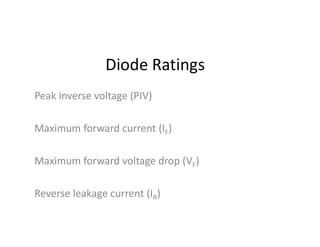 Diode Ratings
Peak inverse voltage (PIV)
Maximum forward current (IF)
Maximum forward voltage drop (VF)
Reverse leakage current (IR)
 