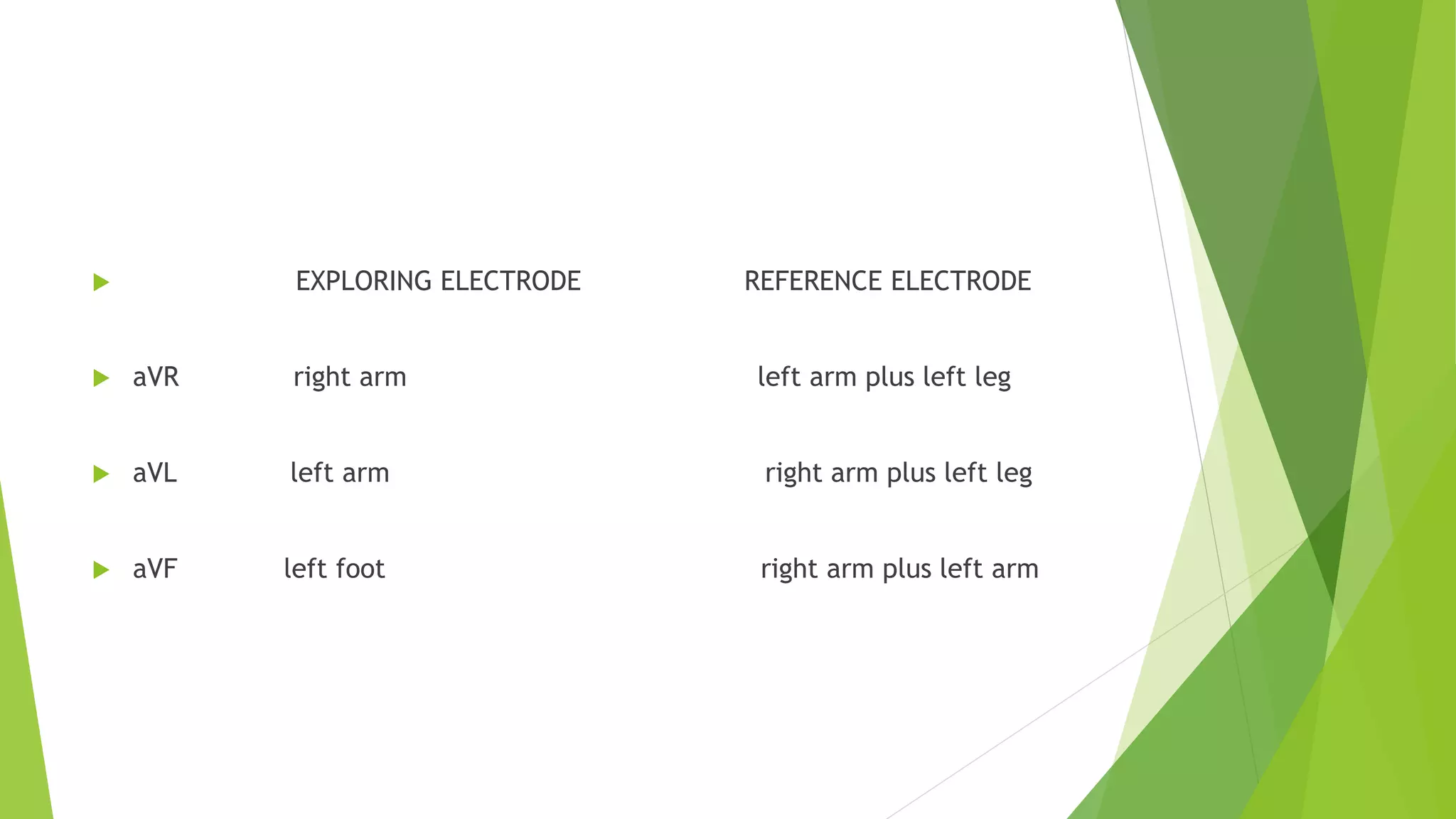  EXPLORING ELECTRODE REFERENCE ELECTRODE
 aVR right arm left arm plus left leg
 aVL left arm right arm plus left leg
 aVF left foot right arm plus left arm
 