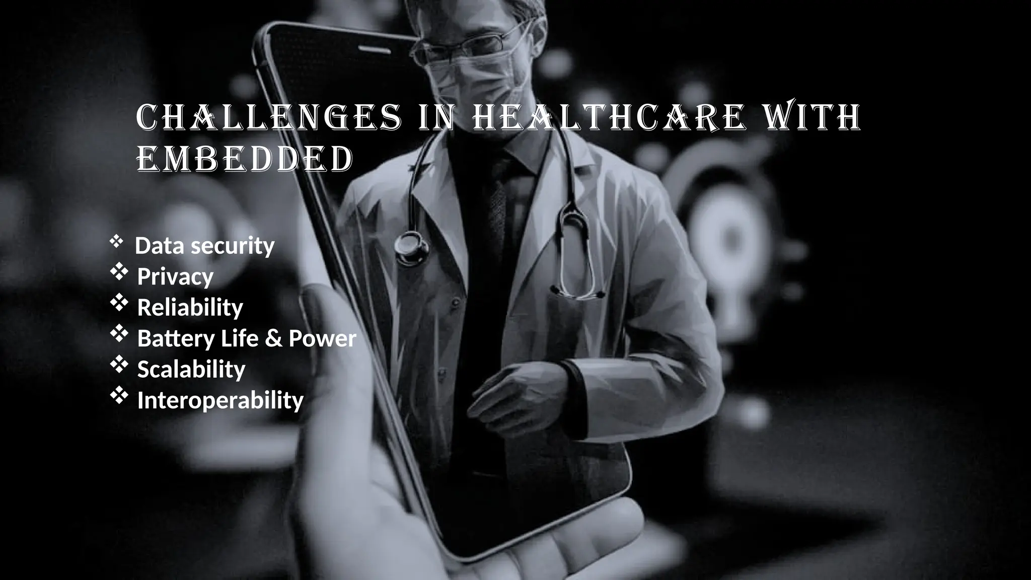 CHALLENGES IN HEALTHCARE WITH
EMBEDDED
 Data security
 Privacy
 Reliability
 Battery Life & Power
 Scalability
 Interoperability
 