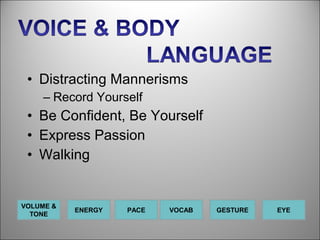 • Distracting Mannerisms
     – Record Yourself
 • Be Confident, Be Yourself
 • Express Passion
 • Walking


VOLUME &
           ENERGY   PACE   VOCAB   GESTURE   EYE
  TONE
 