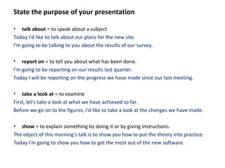 State the purpose of your presentation
• talk about = to speak about a subject
Today I'd like to talk about our plans for the new site.
I'm going to be talking to you about the results of our survey.
• report on = to tell you about what has been done.
I'm going to be reporting on our results last quarter.
Today I will be reporting on the progress we have made since our last meeting.
• take a look at = to examine
First, let's take a look at what we have achieved so far.
Before we go on to the figures, I'd like to take a look at the changes we have made.
• show = to explain something by doing it or by giving instructions.
The object of this morning's talk is to show you how to put the theory into practice.
Today I'm going to show you how to get the most out of the new software.
 