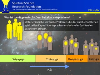 Was ist damit gemeint? – Dem Zeitalter entsprechend Satyayuga Tretayuga Dwaparyuga   Kaliyuga Zeit Unterschiedliche spirituelle Praktiken, die der durchschnittlichen spirituellen Kapazität entsprechen und schnelles Spirituelles Wachstum bringen.  
