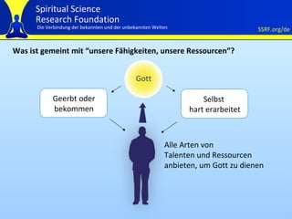 Was ist gemeint mit  “ unsere Fähigkeiten, unsere Ressourcen ” ? Geerbt oder bekommen Selbst  hart erarbeitet Gott Alle Arten von Talenten und Ressourcen anbieten, um Gott zu dienen 