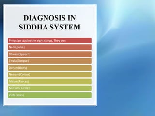 DIAGNOSIS IN
SIDDHA SYSTEM
Physician studies the eight things, They are:
Nadi (pulse)
Dhwani(Speech)
Twaka(Tongue)
Deham(Body)
Neeram(Colour)
Malam(Faeces)
Mutram( Urine)
Vizhi (eyes)
 
