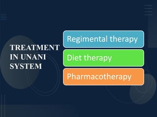 TREATMENT
IN UNANI
SYSTEM
Regimental therapy
Diet therapy
Pharmacotherapy
 