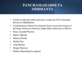 PANCHAMAHABHUTA
SIDDHANTA
• It believes that the whole universe is made up of Five elements
Known as Mahabhutas.
• Combinations of these five elements form seven basic tissues of
the body which are referred as Sapta Dahu which are as follows.
• Rasa- (Lymph/Plasma)
• Rakta- (Blood)
• Mamsa (Flesh)
• Meda( Fat)
• Asti( Bones)
• Mojja( Marrow)
• Shukra (Reproductive organs)
 