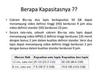 Berapa Kapasitasnya ??
• Cakram Blu-ray dua lapis berkapasitas 50 GB dapat
  menampung video definisi tinggi (HD) berdurasi 9 jam atau
  video definisi standar (SD) berdurasi 23 jam.
• Secara rata-rata, sebuah cakram Blu-ray satu lapis dapat
  menampung video MPEG-2 definisi tinggi berdurasi 135 menit
  dengan bonus 2 jam dalam kualitas definisi standar. Versi dua
  lapis dapat menampung video definisi tinggi berdurasi 3 jam
  dengan bonus dalam kualitas standar berdurasi 9 jam.
 