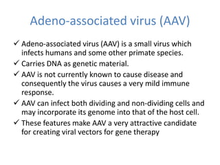 Adeno-associated virus (AAV)
 Adeno-associated virus (AAV) is a small virus which
infects humans and some other primate species.
 Carries DNA as genetic material.
 AAV is not currently known to cause disease and
consequently the virus causes a very mild immune
response.
 AAV can infect both dividing and non-dividing cells and
may incorporate its genome into that of the host cell.
 These features make AAV a very attractive candidate
for creating viral vectors for gene therapy
 