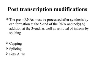 Post transcription modifications
The pre mRNAs must be processed after synthesis by
cap formation at the 5-end of the RNA and poly(A)
addition at the 3-end, as well as removal of introns by
splicing
 Capping
 Splicing
 Poly A tail
 