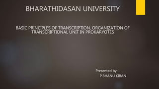 BHARATHIDASAN UNIVERSITY
BASIC PRINCIPLES OF TRANSCRIPTION, ORGANIZATION OF
TRANSCRIPTIONAL UNIT IN PROKARYOTES
Presented by:
P.BHANU KIRAN
 