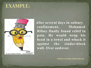 After several days in solitary
confinement, Mohamed
Rifaey finally found relief in
pain. He would wrap his
head in a towel and whack it
against the cinder-block
wall. Over andover.
CHELDYS. ELUMBA-PABLEO,MPA;LlB
 
