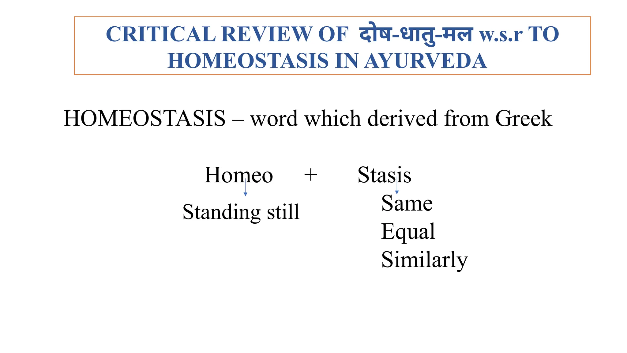 CRITICAL REVIEW OF दोष-धातु-मल w.s.r TO
HOMEOSTASIS IN AYURVEDA
HOMEOSTASIS – word which derived from Greek
Homeo + Stasis
Same
Equal
Similarly
Standing still
 