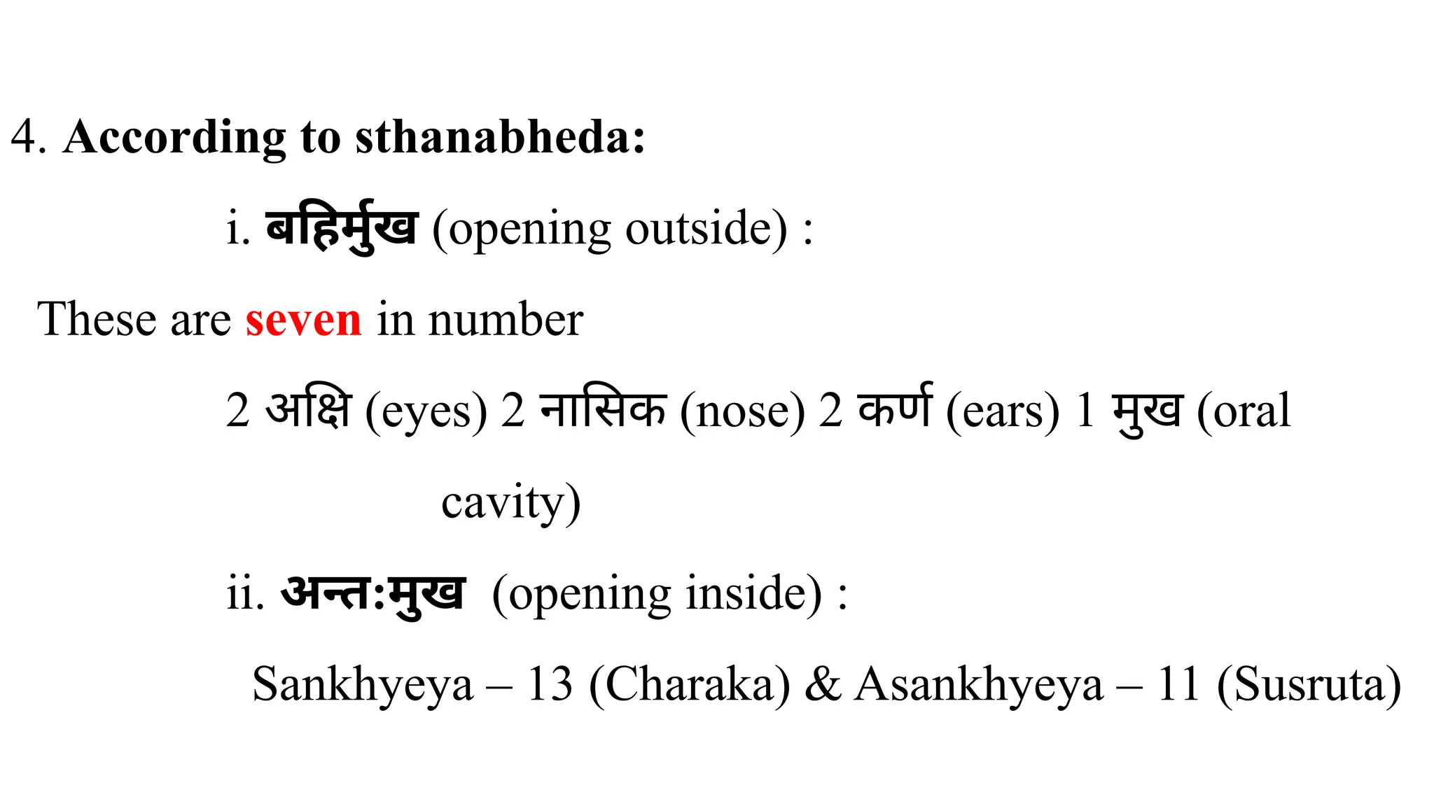 4. According to sthanabheda:
i. बहिर्मुख (opening outside) :
These are seven in number
2 अक्षि (eyes) 2 नासिक (nose) 2 कर्ण (ears) 1 ​
मुख (oral
cavity)
ii. अन्त:मुख (opening inside) :
Sankhyeya – 13 (Charaka) & Asankhyeya – 11 (Susruta)
 