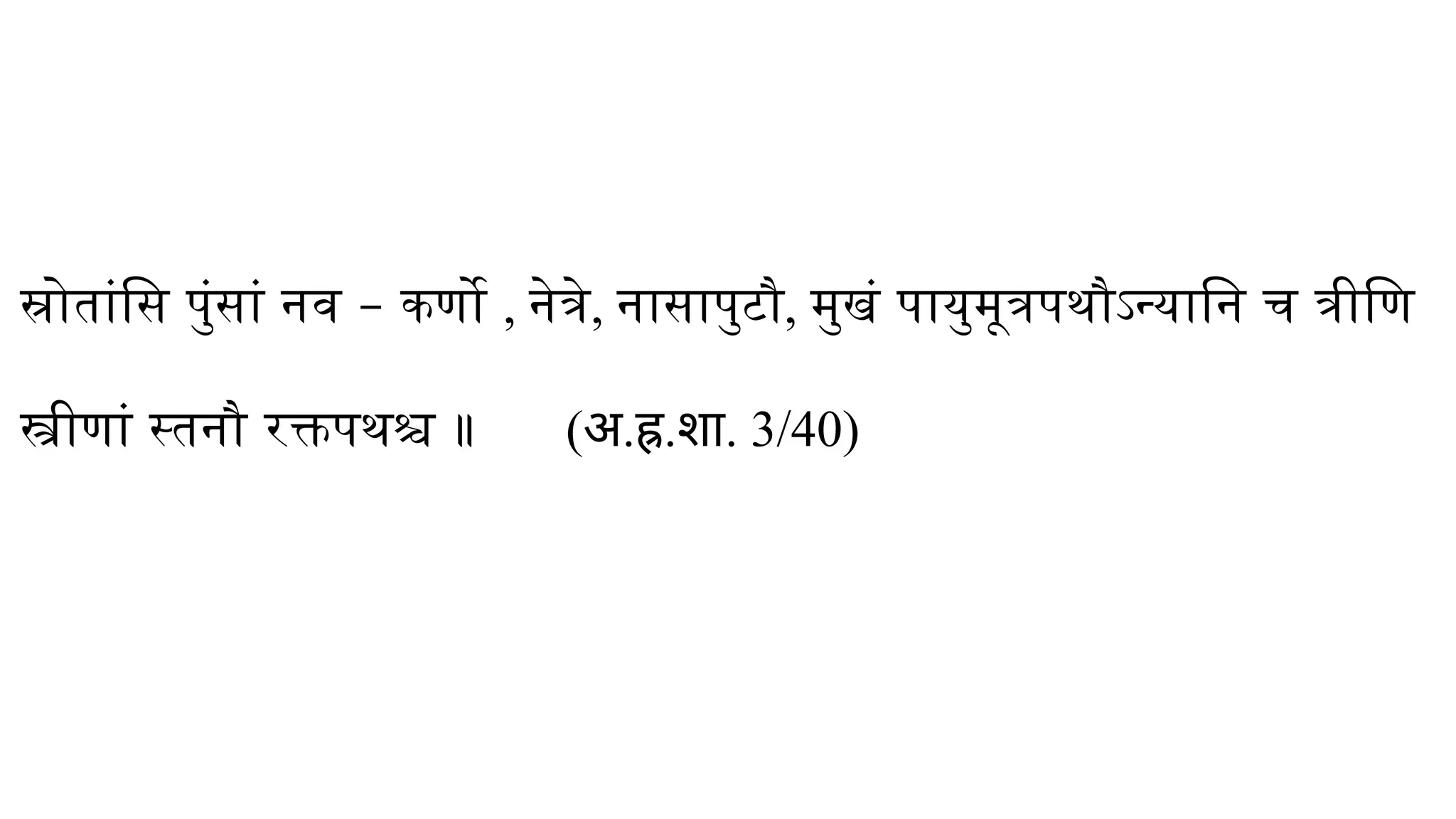स्रोतांसि पुंसां नव – कर्णो , नेत्रे, नासापुटौ, मुखं पायुमूत्रपथौऽन्यानि च त्रीणि
स्त्रीणां स्तनौ रक्तपथश्च ॥ (अ.ह्र.शा. 3/40)
 