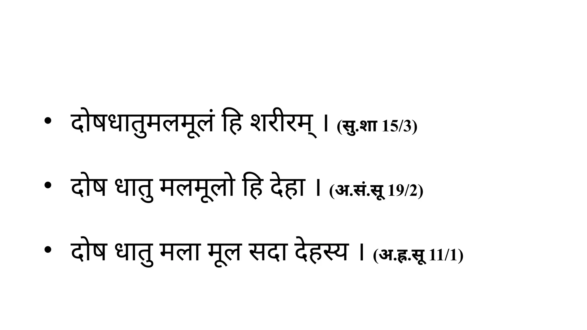 • दोषधातुमलमूलं हि शरीरम् । (सु.शा 15/3)
• दोष धातु मलमूलो हि देहा । (अ.सं.सू 19/2)
• दोष धातु मला मूल सदा देहस्य । (अ.ह्र.सू 11/1)
 