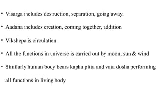 • Visarga includes destruction, separation, going away.
• Aadana includes creation, coming together, addition
• Vikshepa is circulation.
• All the functions in universe is carried out by moon, sun & wind
• Similarly human body bears kapha pitta and vata dosha performing
all functions in living body
 