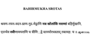 श्रवण-नयन-वदन-घ्राण-गुद-मेढ्राणि नव स्रोतांसि नराणां बहिर्मुखानि,
एतन्येव स्त्रीणामपराणि च त्रीणि ; ​
द्वे स्तनयोरधस्ताद् रक्तवह: च ॥ (सु.शा 5/10)
BAHIRMUKHA SROTAS
 