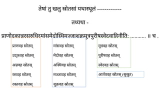 तेषां तु खलु स्रोतसां यथास्थूलं -------------
तध्यथा -
प्राणोदकान्नरसरुधिरमांसमेदोस्थिमज्जाशुक्रमूत्रपुरीषस्वेदवाहिनीति; ........... ॥ च .
वि
प्राणवह स्रोतस्
उद्कवह स्रोतस्
अन्नवह स्रोतस्
रसवह स्रोतस्
रक्तवह स्रोतस्
मांसवह स्रोतस्
मेदोवह स्रोतस्
अस्थिवह स्रोतस्
मज्जावह स्रोतस्
शुक्रवह स्रोतस्
मूत्रवह स्रोतस्
पुरीषवह स्रोतस्
स्वेदवह स्रोतस्
आर्तववह स्रोतस् (सुस्रुत)​
 