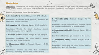 Electrolytes
Definition: Electrolytes are minerals in your body that have an electric charge. They are present in your
blood, urine, tissues, and other body fluids and are essential for various physiological functions such as:
Key Electrolytes and Their Normal Values:
1. Sodium (Na+): Normal Range: 135-145 mEq/L.
Functions: Maintains fluid balance, essential for
nerve and muscle function.
2. Potassium (K+): Normal Range: 3.5-5.0 mEq/L.
Functions: Crucial for heart function, muscle
contractions, and nerve signals.
3. Calcium (Ca2+): Normal Range: 8.5-10.2 mg/dL.
Functions: Important for bone health, muscle
function, and nerve signaling.
4. Magnesium (Mg2+): Normal Range: 1.7-2.2
mg/dL.
Functions: Involved in over 300 biochemical
reactions, including muscle and nerve function.
5. Chloride (Cl-): Normal Range: 96-106
mEq/L.
Functions: Helps maintain fluid balance and is
an essential component of stomach acid.
6. Bicarbonate (HCO3-): Normal Range: 22-28
mEq/L.
Functions: Maintains pH balance in the blood.
7. Phosphate (PO4-): Normal Range: 2.5-4.5
mg/dL.
Functions: Important for bone health, energy
production, and cell function.
 