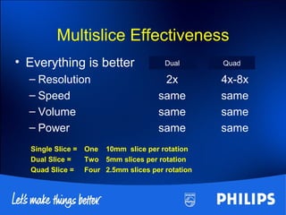Single Slice = One 10mm slice per rotation
Dual Slice = Two 5mm slices per rotation
Quad Slice = Four 2.5mm slices per rotation
Multislice Effectiveness
• Everything is better
– Resolution 2x 4x-8x
– Speed same same
– Volume same same
– Power same same
Dual Quad
 