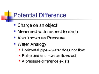 Potential Difference
 Charge on an object
 Measured with respect to earth
 Also known as Pressure
 Water Analogy
 Horizontal pipe – water does not flow
 Raise one end – water flows out
 A pressure difference exists
 