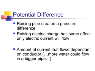 Potential Difference
 Raising pipe created a pressure
difference
 Raising electric charge has same effect
only electric current will flow
 Amount of current that flows dependant
on conductor (…more water could flow
in a bigger pipe…)
 