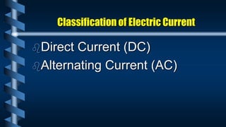 Classification of Electric Current
Direct Current (DC)
Alternating Current (AC)
 