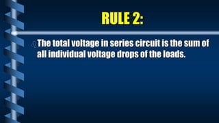 RULE 2:
The total voltage in series circuit is the sum of
all individual voltage drops of the loads.
 