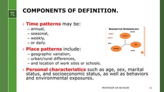 COMPONENTS OF DEFINITION.
› Time patterns may be:
– annual,
– seasonal,
– weekly,
– or daily.
› Place patterns include:
– geographic variation,
– urban/rural differences,
– and location of work sites or schools.
› Personal characteristics such as age, sex, marital
status, and socioeconomic status, as well as behaviors
and environmental exposures.
PROFESSOR DR AB RAJAR 11
 