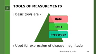 TOOLS OF MEASUREMENTS
Rate
Ratio
Proportion
› Basic tools are -
› Used for expression of disease magnitude
PROFESSOR DR AB RAJAR 64
 