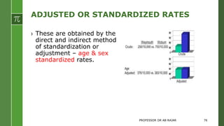 ADJUSTED OR STANDARDIZED RATES
› These are obtained by the
direct and indirect method
of standardization or
adjustment – age & sex
standardized rates.
PROFESSOR DR AB RAJAR 76
 