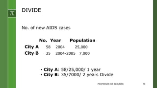 DIVIDE
No. of new AIDS cases
No. Year Population
City A 58 2004 25,000
City B 35 2004-2005 7,000
• City A: 58/25,000/ 1 year
• City B: 35/7000/ 2 years Divide
PROFESSOR DR AB RAJAR 78
 