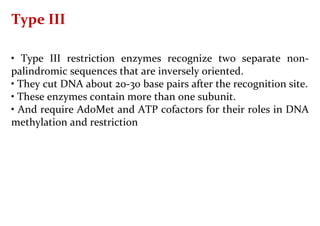 Type III
• Type III restriction enzymes recognize two separate non-
palindromic sequences that are inversely oriented.
• They cut DNA about 20-30 base pairs after the recognition site.
• These enzymes contain more than one subunit.
• And require AdoMet and ATP cofactors for their roles in DNA
methylation and restriction
 