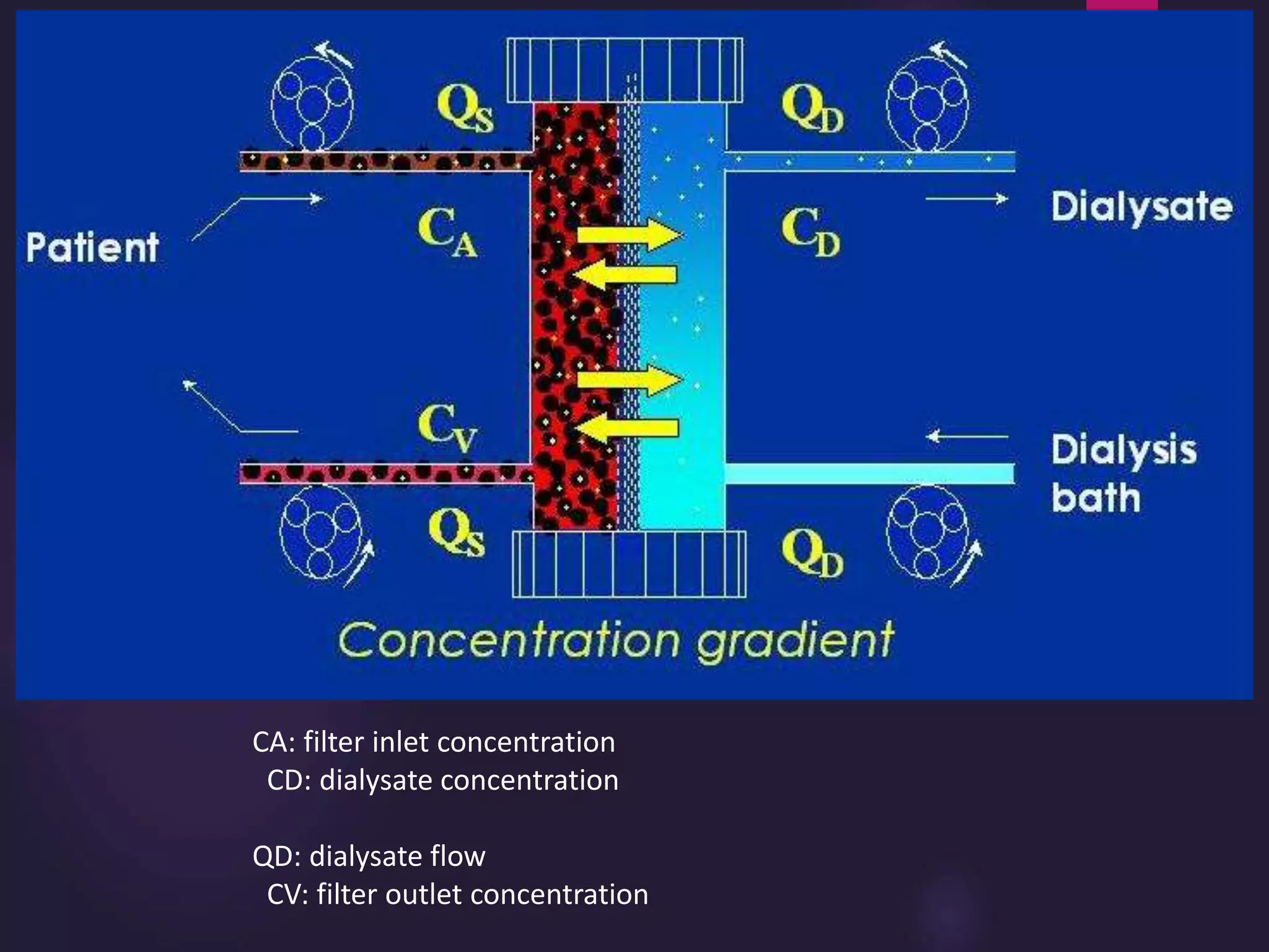 CA: filter inlet concentration
CD: dialysate concentration
QD: dialysate flow
CV: filter outlet concentration
 