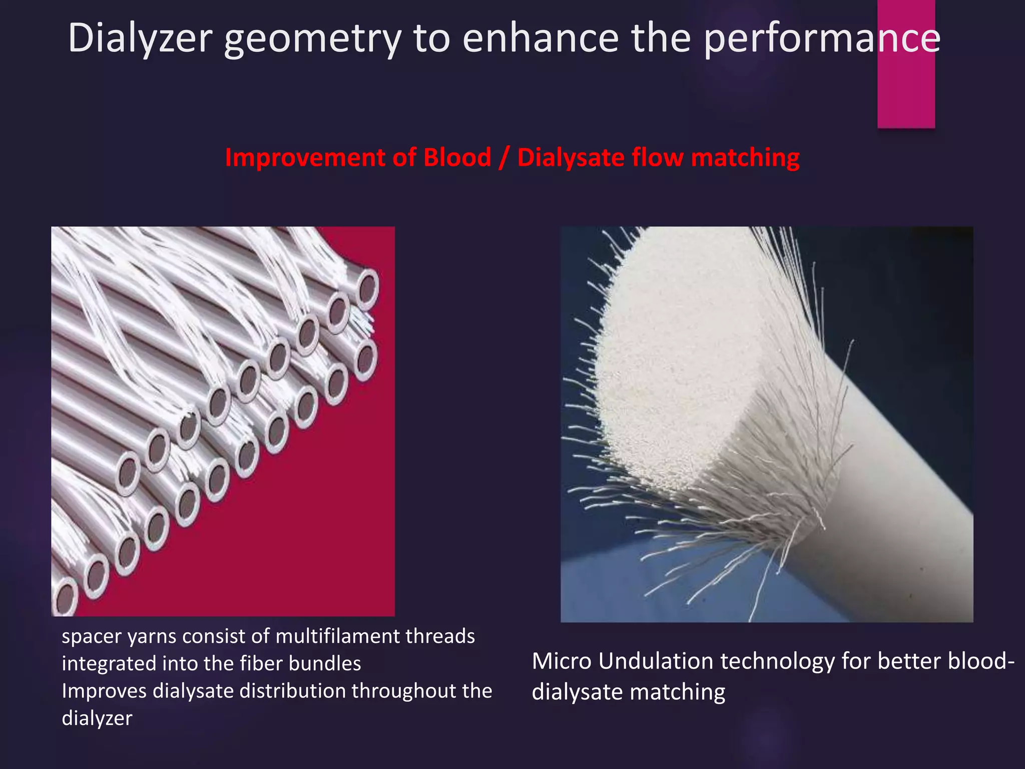Dialyzer geometry to enhance the performance
Improvement of Blood / Dialysate flow matching
spacer yarns consist of multifilament threads
integrated into the fiber bundles
Improves dialysate distribution throughout the
dialyzer
Micro Undulation technology for better blood-
dialysate matching
 