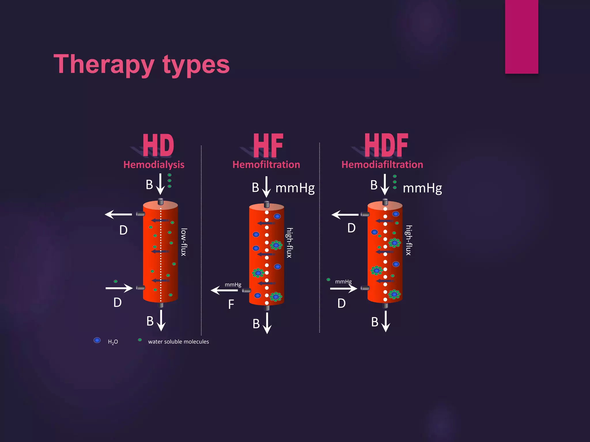 H2O water soluble molecules
F
mmHg
mmHgB
B
B
D
B
D
mmHgB
mmHg
D
B
D
low-flux
high-flux
Therapy types
Hemodialysis Hemofiltration Hemodiafiltration
 