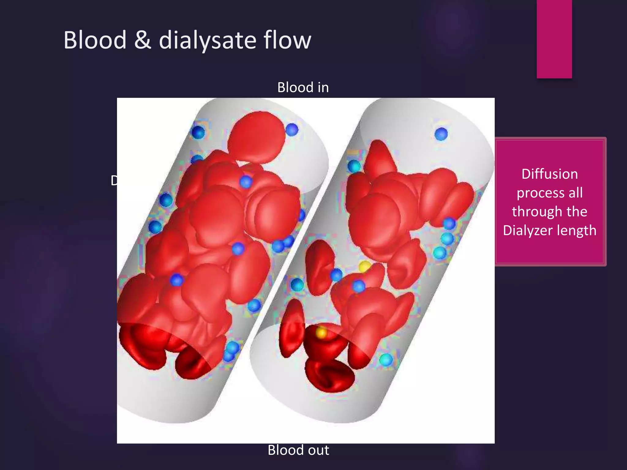 Blood & dialysate flow
Blood in
Blood out
Dialysate out
Dialysate in
Hollow fiber
Casing or jacket
Dialysate
Header
Diffusion
process all
through the
Dialyzer length
Maximumspeed
 