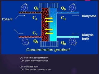 CA: filter inlet concentration
CD: dialysate concentration
QD: dialysate flow
CV: filter outlet concentration
 