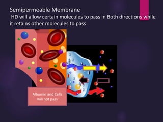 Semipermeable Membrane
HD will allow certain molecules to pass in Both directions while
it retains other molecules to pass
Albumin and Cells
will not pass
 