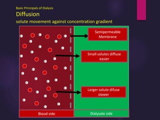 Basic Principals of Dialysis
Diffusion
solute movement against concentration gradient
`
Blood side Dialysate side
Semipermeable
Membrane
Larger solute difuse
slower
Small solutes diffuse
easier
 