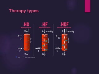 H2O water soluble molecules
F
mmHg
mmHgB
B
B
D
B
D
mmHgB
mmHg
D
B
D
low-flux
high-flux
Therapy types
Hemodialysis Hemofiltration Hemodiafiltration
 