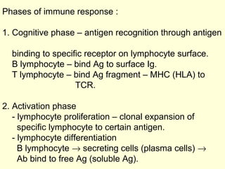 Phases of immune response :
1. Cognitive phase – antigen recognition through antigen
binding to specific receptor on lymphocyte surface.
B lymphocyte – bind Ag to surface Ig.
T lymphocyte – bind Ag fragment – MHC (HLA) to
TCR.
2. Activation phase
- lymphocyte proliferation – clonal expansion of
specific lymphocyte to certain antigen.
- lymphocyte differentiation
B lymphocyte → secreting cells (plasma cells) →
Ab bind to free Ag (soluble Ag).
 