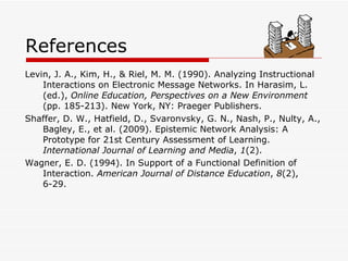References Levin, J. A., Kim, H., & Riel, M. M. (1990).  Analyzing Instructional Interactions on Electronic Message Networks. In Harasim, L. (ed.),  Online Education, Perspectives on a New Environment  (pp. 185-213). New York, NY: Praeger Publishers.   Shaffer, D. W., Hatfield, D., Svaronvsky, G. N., Nash, P., Nulty, A., Bagley, E., et al. (2009). Epistemic Network Analysis: A Prototype for 21st Century Assessment of Learning.  International Journal of Learning and Media ,  1 (2).  Wagner, E. D. (1994). In Support of a Functional Definition of Interaction.  American Journal of Distance Education ,  8 (2), 6-29.    