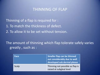THINNING OF FLAP
Thinning of a flap is required for :
1. To match the thickness of defect.
2. To allow it to be set without tension.

The amount of thinning which flap tolerate safely varies
greatly , such as :
Face

Smaller flap can be thinned
out considerably due to well
developed sub dermal plexus

Scalp

Thinning not possible as flap is
raised at subgleal level

 