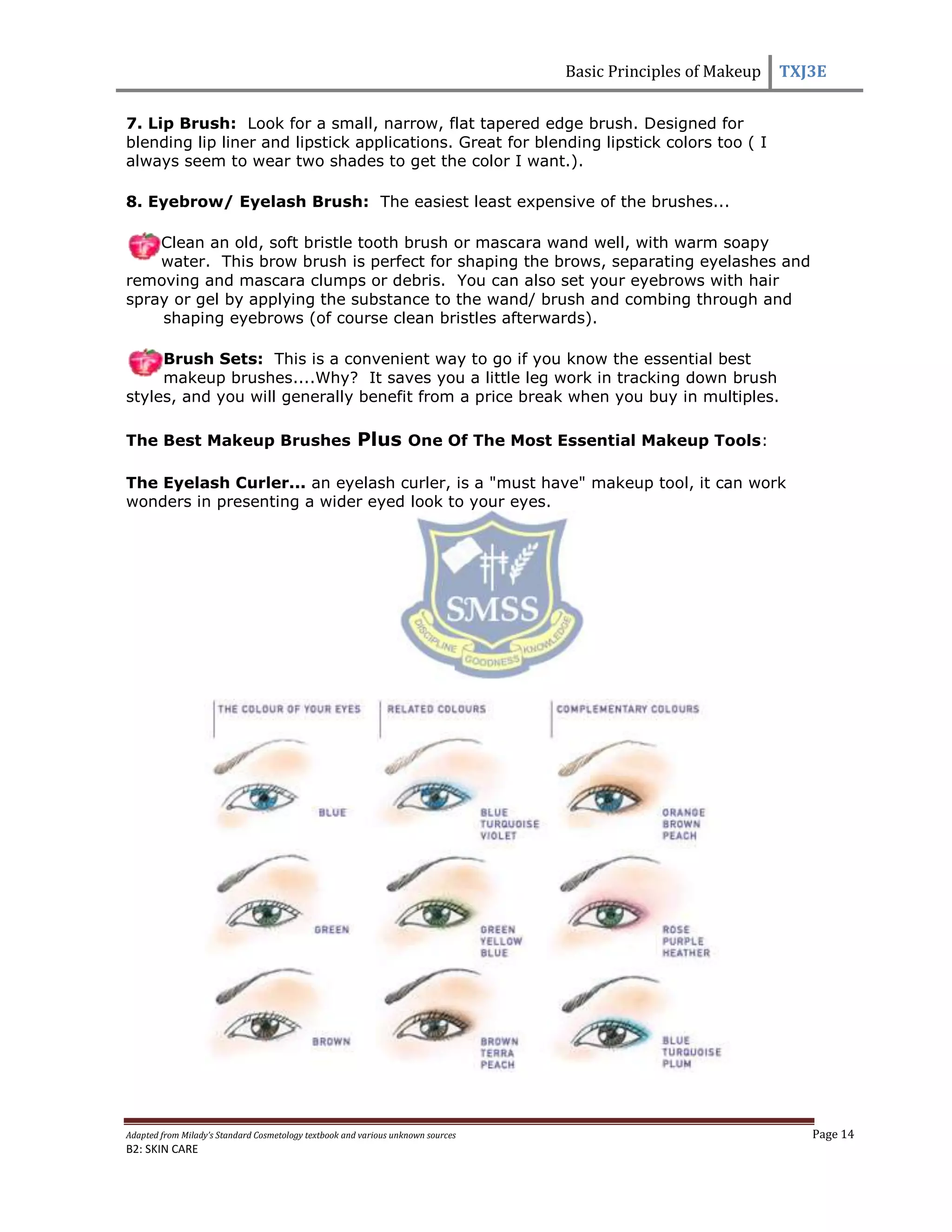 Basic Principles of Makeup TXJ3E
Adapted from Milady’s Standard Cosmetology textbook and various unknown sources Page 14
B2: SKIN CARE
7. Lip Brush: Look for a small, narrow, flat tapered edge brush. Designed for
blending lip liner and lipstick applications. Great for blending lipstick colors too ( I
always seem to wear two shades to get the color I want.).
8. Eyebrow/ Eyelash Brush: The easiest least expensive of the brushes...
Clean an old, soft bristle tooth brush or mascara wand well, with warm soapy
water. This brow brush is perfect for shaping the brows, separating eyelashes and
removing and mascara clumps or debris. You can also set your eyebrows with hair
spray or gel by applying the substance to the wand/ brush and combing through and
shaping eyebrows (of course clean bristles afterwards).
Brush Sets: This is a convenient way to go if you know the essential best
makeup brushes....Why? It saves you a little leg work in tracking down brush
styles, and you will generally benefit from a price break when you buy in multiples.
The Best Makeup Brushes Plus One Of The Most Essential Makeup Tools:
The Eyelash Curler... an eyelash curler, is a "must have" makeup tool, it can work
wonders in presenting a wider eyed look to your eyes.
 