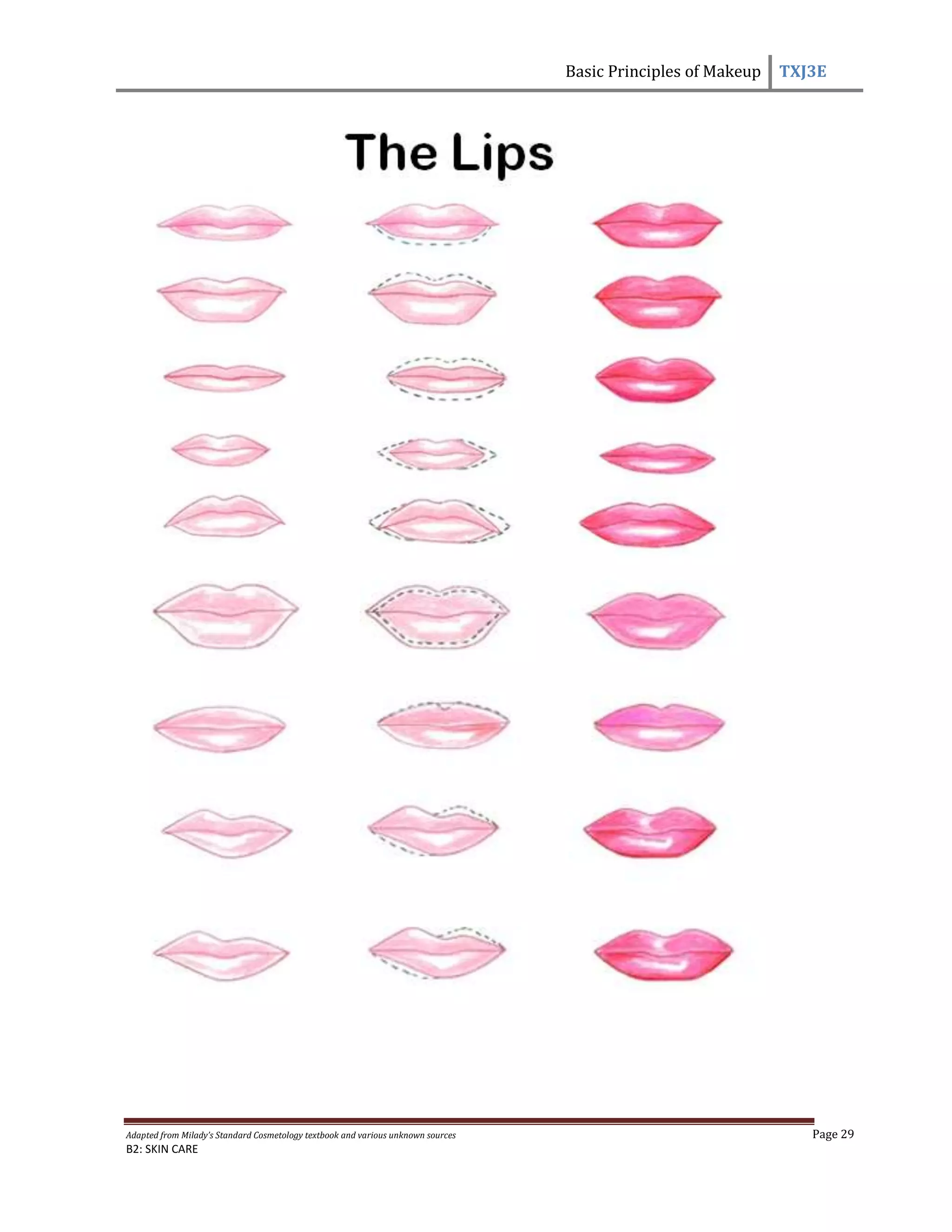 Basic Principles of Makeup TXJ3E
Adapted from Milady’s Standard Cosmetology textbook and various unknown sources Page 29
B2: SKIN CARE
 