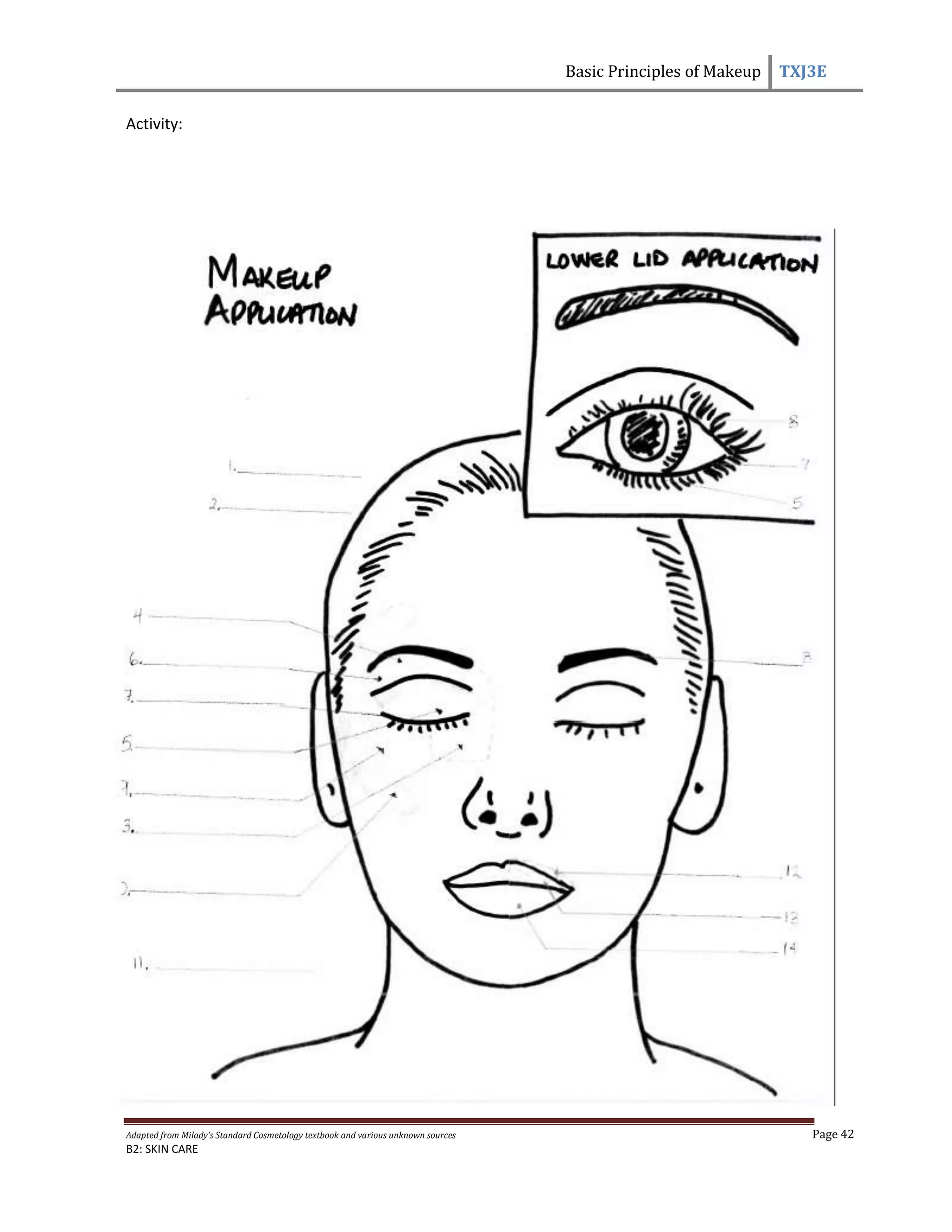 Basic Principles of Makeup TXJ3E
Adapted from Milady’s Standard Cosmetology textbook and various unknown sources Page 42
B2: SKIN CARE
Activity:
 