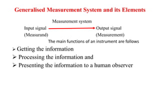 Generalised Measurement System and its Elements
Measurement system
Input signal Output signal
(Measurand) (Measurement)
The main functions of an instrument are follows
 Getting the information
 Processing the information and
 Presenting the information to a human observer
 