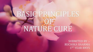 BASIC PRINCIPLES
OF
NATURE CURE
SUBMITED BY :-
RUCHIKA SHARMA
1ST YEAR BNYS
 